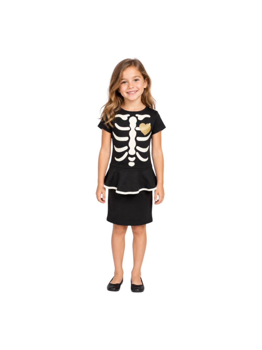 H&M Girls Skeleton Halloween Peplum Dress Gold Heart Size 4–6